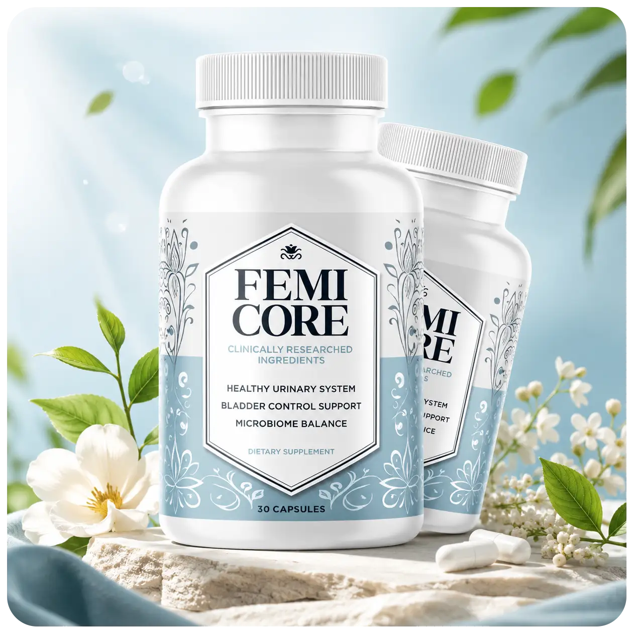FemiCore Natural Bladder Support For Women FemiCore bladder health support supplement bottles displayed with natural botanical elements for women's urinary wellness and microbiome balance