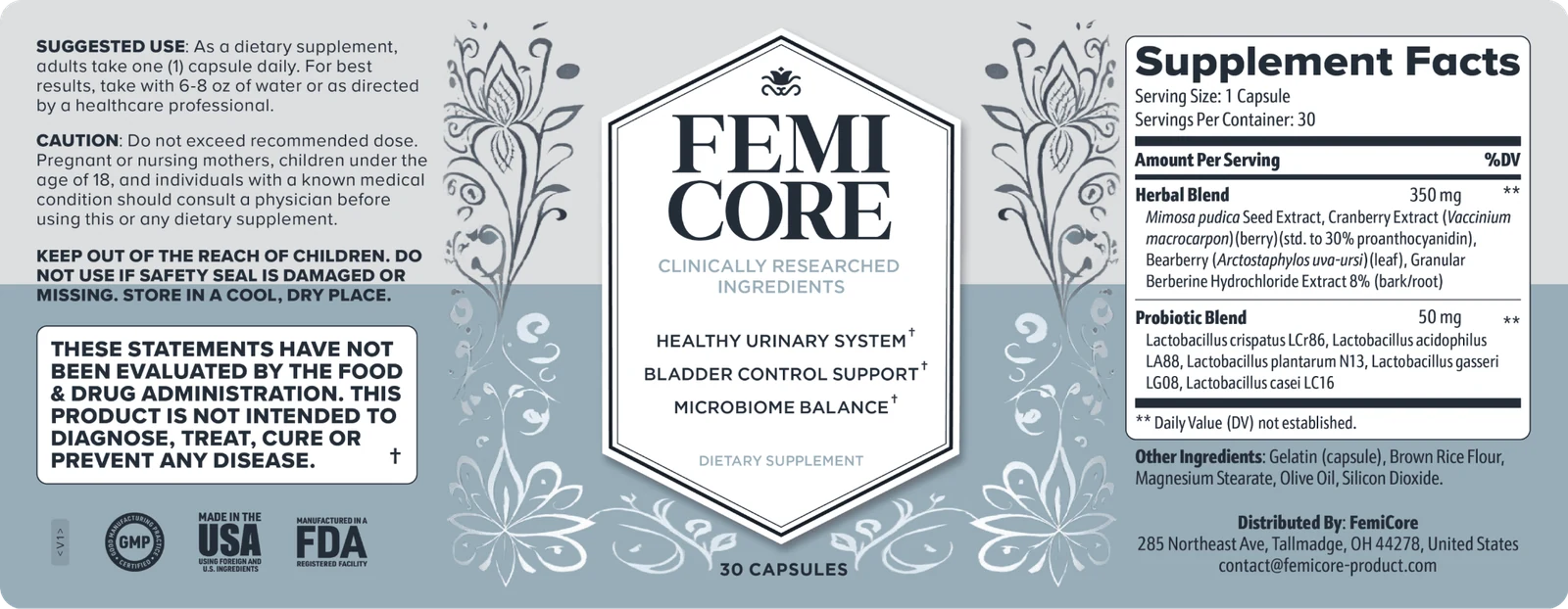 FemiCore Supplement Facts label showing herbal and probiotic blends