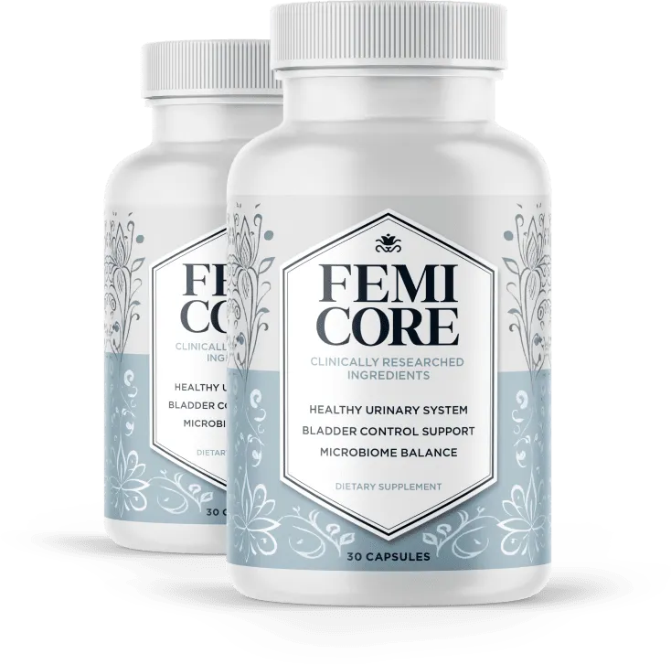 FemiCore Bladder Wellness Formula Two bottles of FemiCore women's bladder health supplement formulated to support urinary wellness and microbiome balance