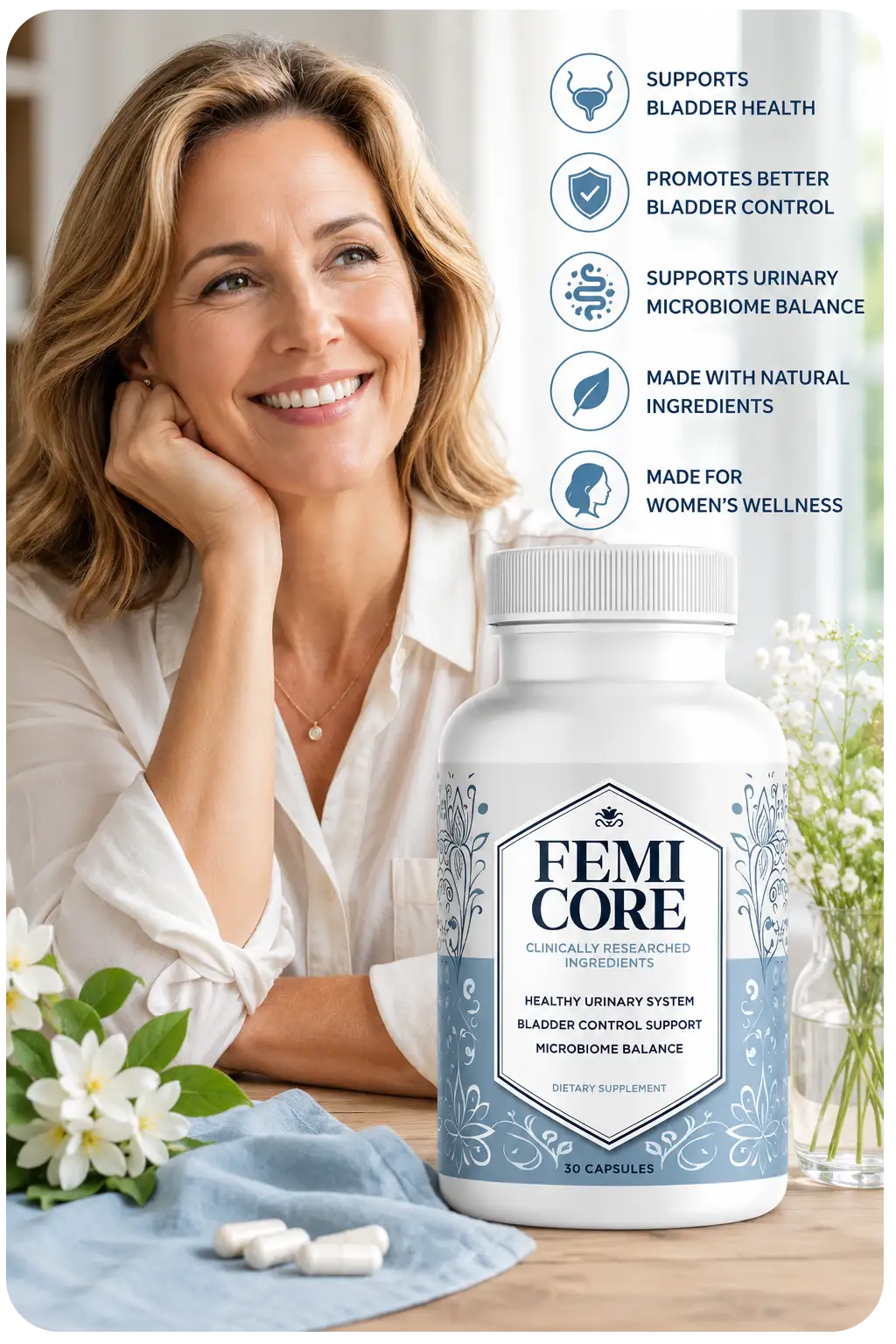 Why Women Choose FemiCore Smiling woman with FemiCore supplement highlighting bladder health support, urinary wellness, microbiome balance, and women's wellness benefits